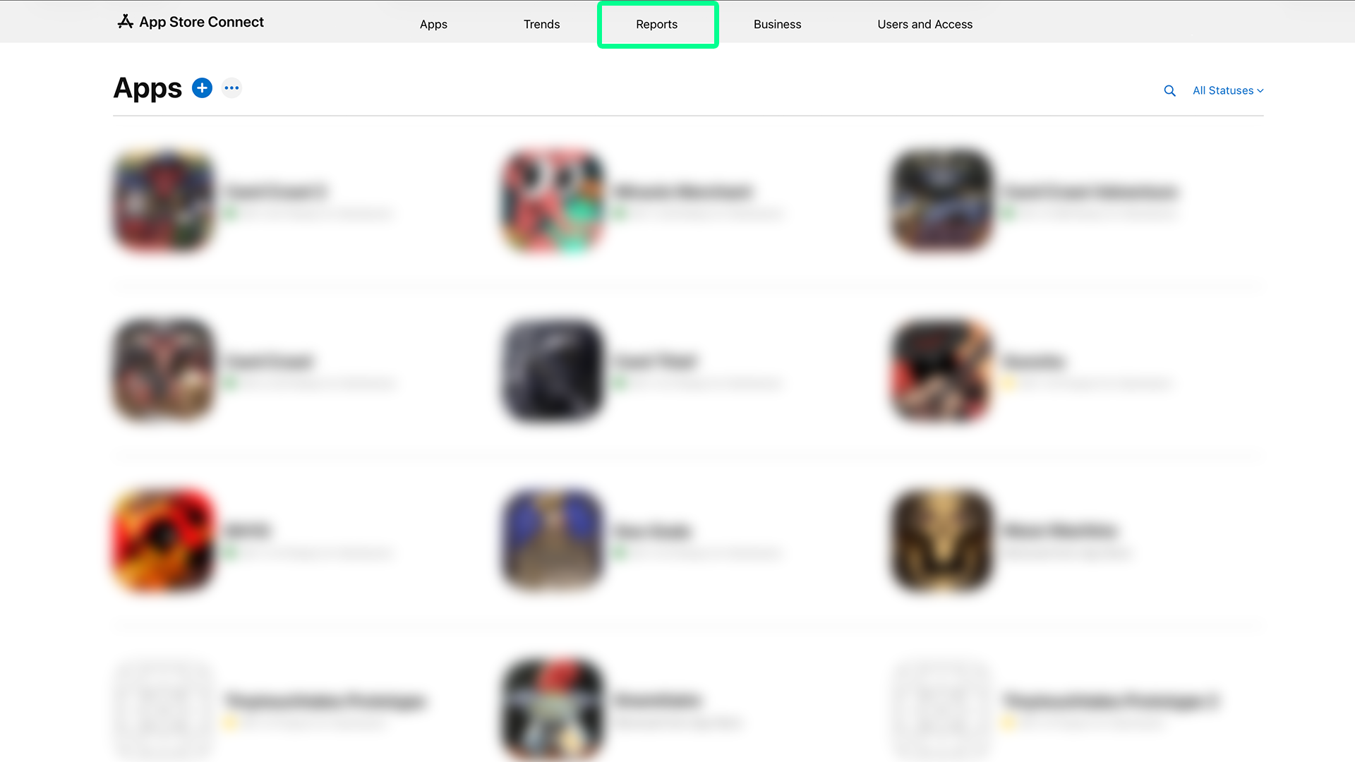 App Store Connect apps list with the Reports tab highlighted