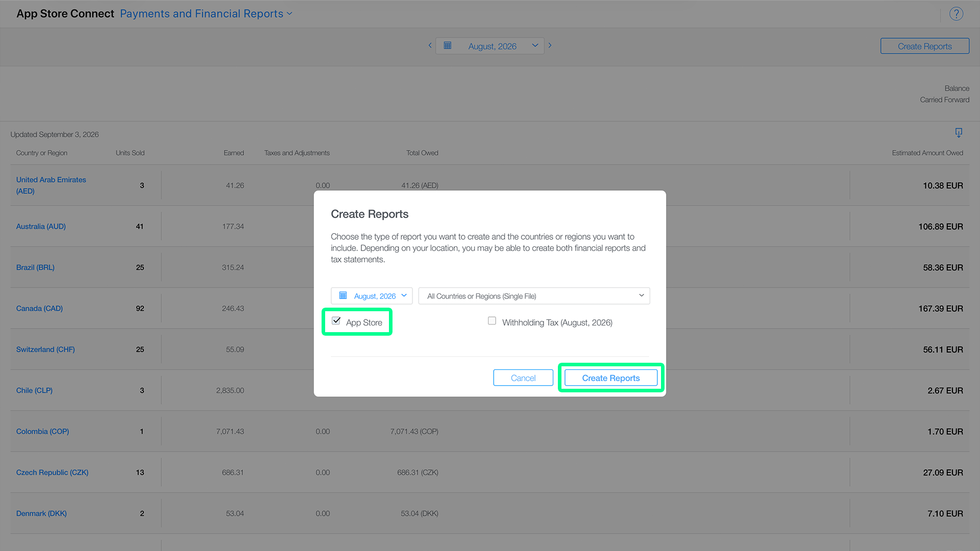 Create Reports window with the App Store checkbox and Create Reports button highlighted