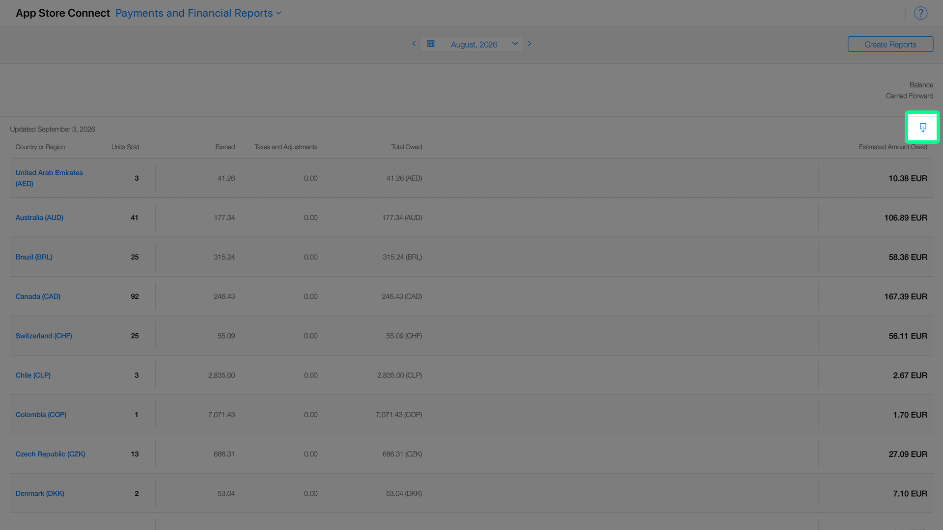 Payments and Financial Reports dashboard with the download icon highlighted